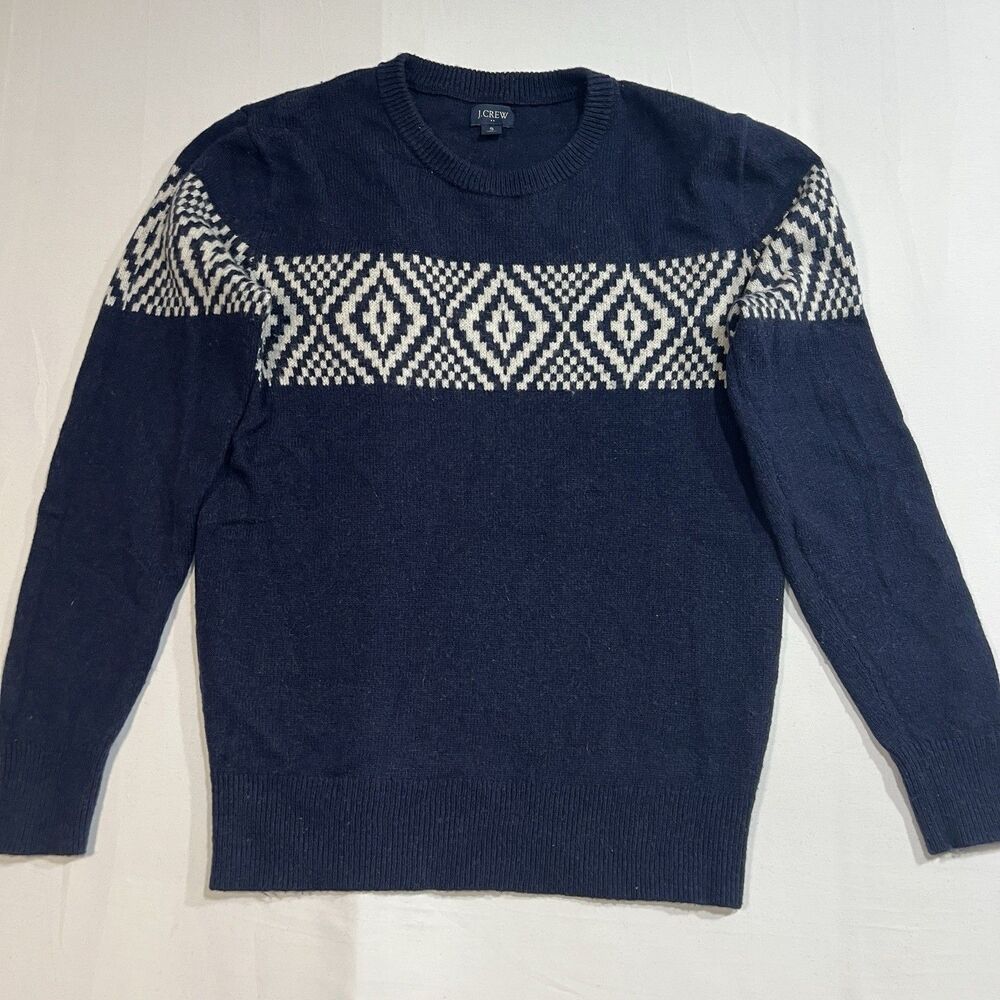 J.Crew Mens S Navy Fair Isle Lambswool Diamond Sweater Crewneck Sz S Small